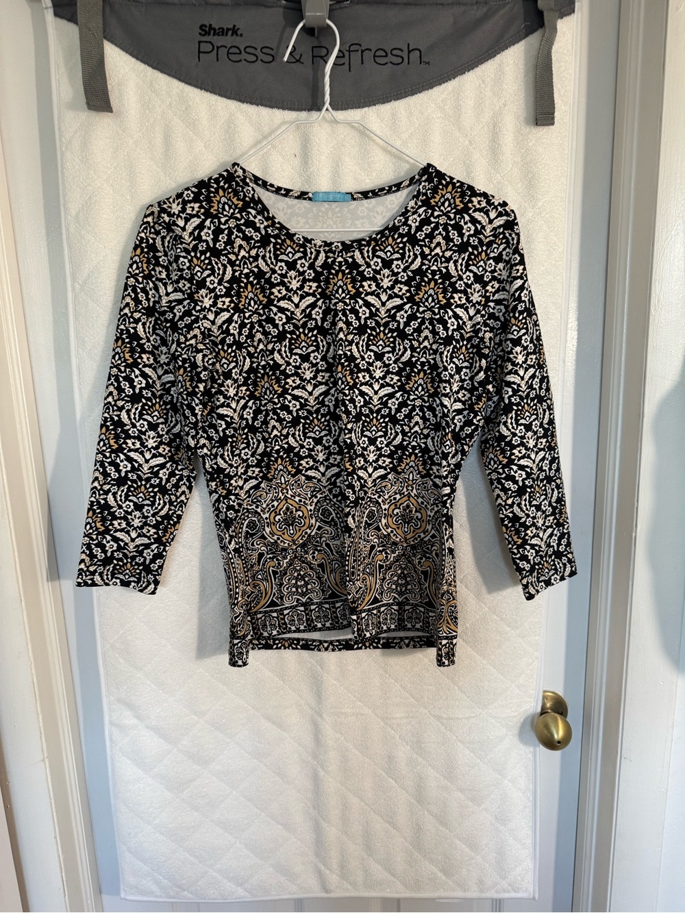 Black & White Patterned Long Sleeve Tee with Gold Accent